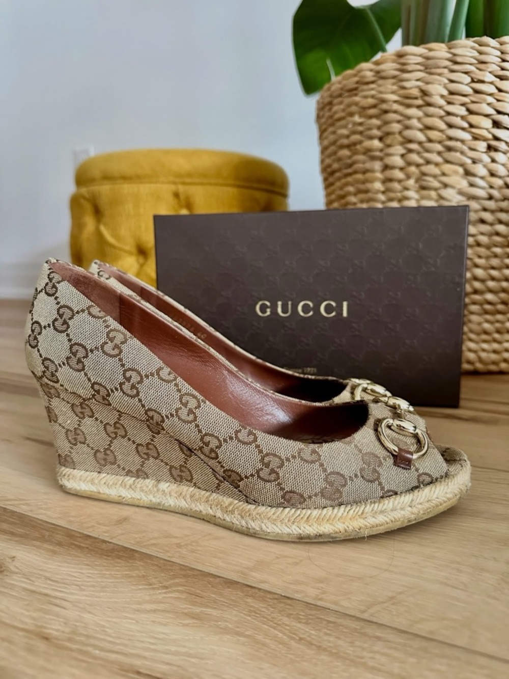 ❌SOLD Gucci GG Canvas Horsebit Peep Toe Wedges